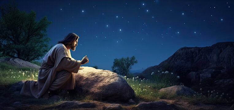 Jesus Christ of Nazareth kneeling and praying at night in garden of Gethsemane background. Generative ai.
