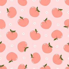 Cute pink peach and little flower seamless patten. Organic healthy fruit background. -Vector.