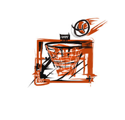 Hand drawn black Basketball basket with net, Basketball Goal, basketball hoop on white background