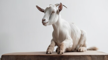 The goat sits on a white solid background