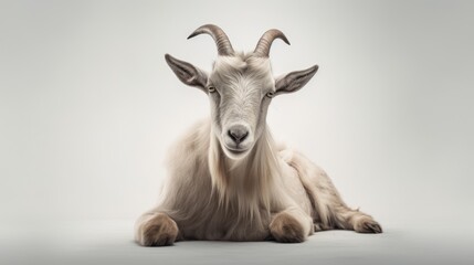 The goat sits on a white solid background