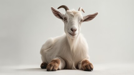 The goat sits on a white solid background
