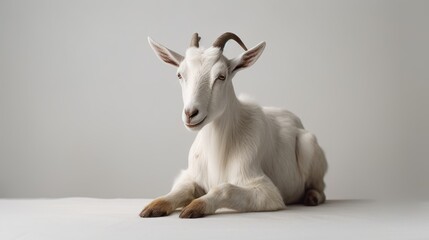 The goat sits on a white solid background