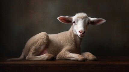 The lamb sits on a solid background