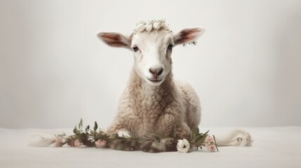 The lamb sits on a white solid background