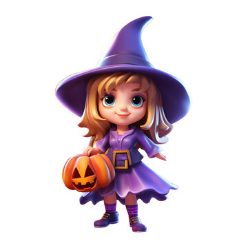3d cute girl wear halloween costume, isolated on white background