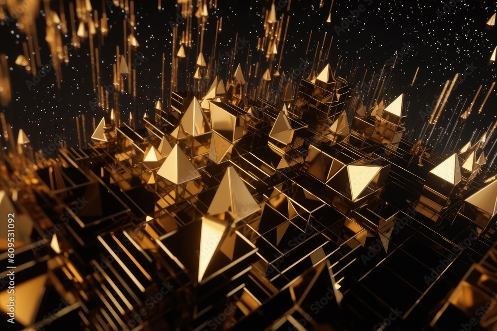 Poster surrealistic scene with golden triangles levitating in the atmosphere generative ai