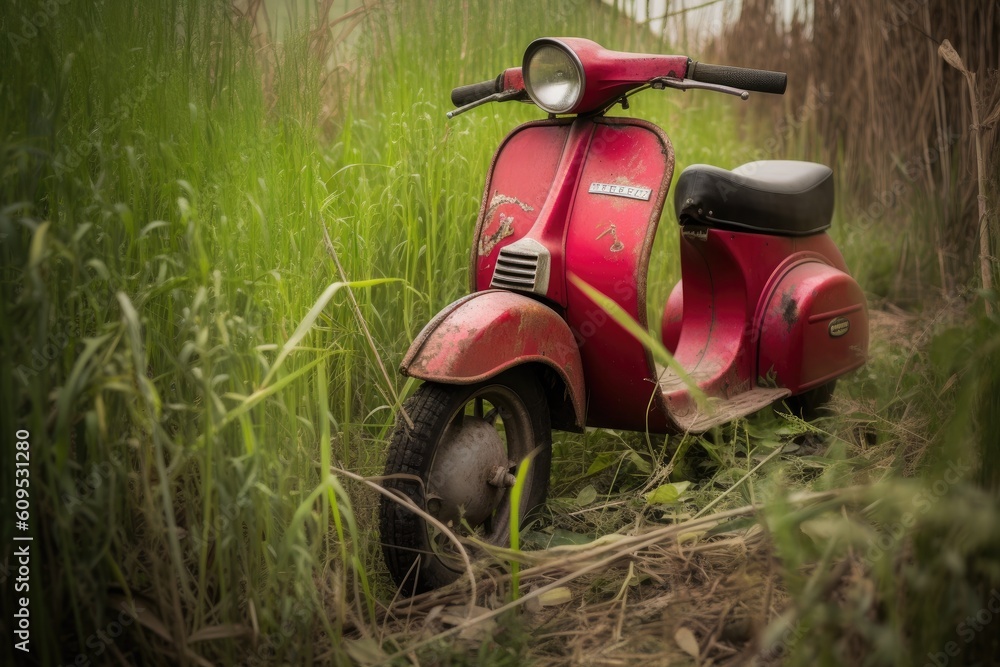 Poster red scooter parked in a field of tall grass generative ai