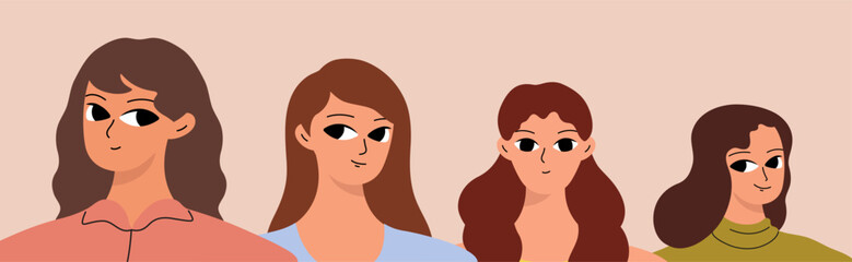 Banner with different women. Cute girlish face. Flat vector