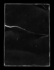 Old Black Empty Aged Vintage Retro Damaged Paper Cardboard Photo Card. Blank Frame. Front and Back Side. Rough Grunge Shabby Scratched Texture. Distressed Overlay Surface for Collage. High Quality. - obrazy, fototapety, plakaty
