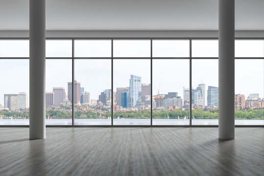 Fototapeta Panoramic picturesque city view of Boston at day time from modern empty room, Massachusetts. An intellectual, technological and political center. 3d rendering.