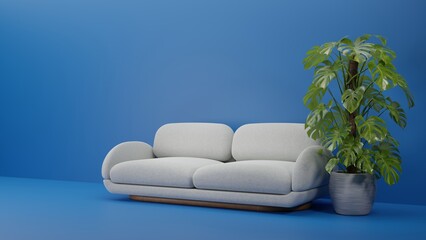 Fototapeta na wymiar white sofa with a monstera flower, minimalism in the interior, 3d render