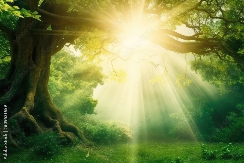 Poster sun rays shining through the trees in a serene forest setting generative ai