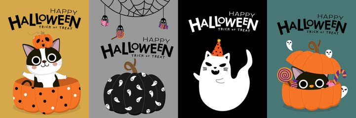 Happy halloween greeting card with cute cat in witch dress, bat, owl and pumpkin. Holidays cartoon character. -Vector