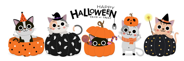 Happy halloween greeting card with cute cat in witch dress, bat, owl and pumpkin. Holidays cartoon character. -Vector