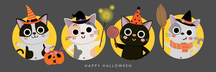Happy halloween greeting card with cute cat in witch dress, bat, owl and pumpkin. Holidays cartoon character. -Vector
