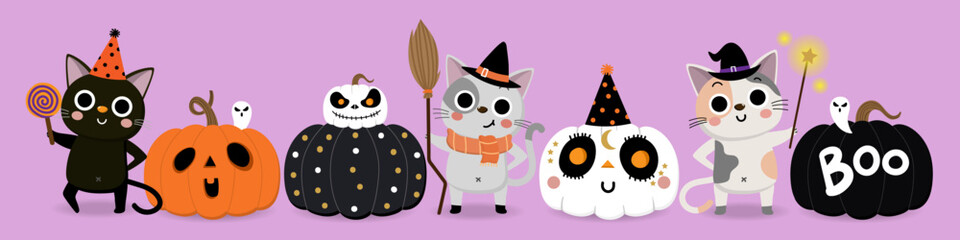 Happy halloween greeting card with cute cat in witch dress, bat, owl and pumpkin. Holidays cartoon character. -Vector