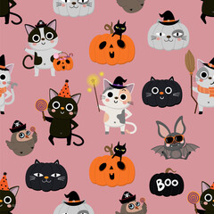 Happy halloween wallpaper with cute cat in witch dress, bat, owl and pumpkin seamless pattern. Holidays cartoon character. -Vector