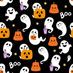 Halloween ghost and spooky pumpkin seamless pattern and background. Holidays cartoon character. -vector