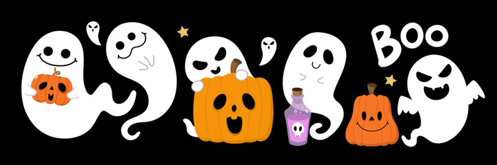 Happy halloween party invitation card with cute ghost and decorated pumpkin in cat  and spooky costume. Holidays cartoon character. -Vector