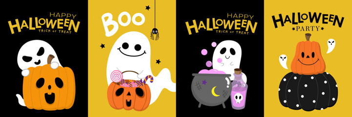 Happy halloween party invitation card with cute ghost and decorated pumpkin in cat  and spooky costume. Holidays cartoon character. -Vector