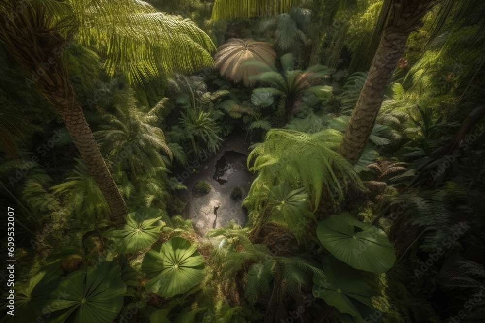 Poster dense forest with towering trees and vibrant green foliage generative ai
