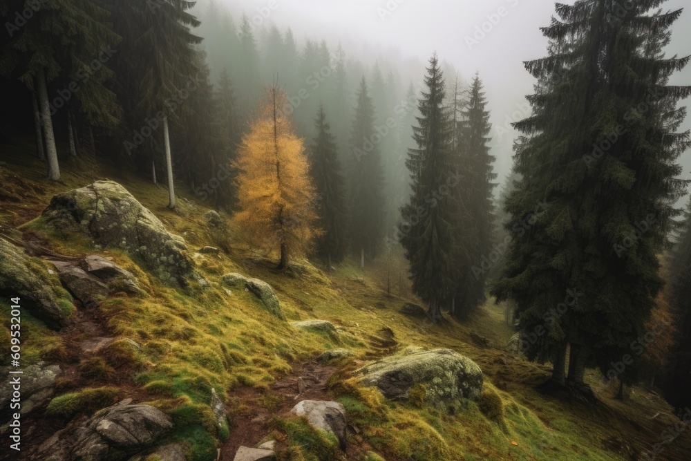 Poster misty forest with trees and rocks in the foreground generative ai