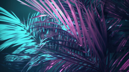Palm leafs  background in pink and blue light, ai illustration 