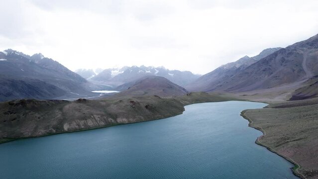 Aerial view of Chandra Taal Lake on a cloudy day