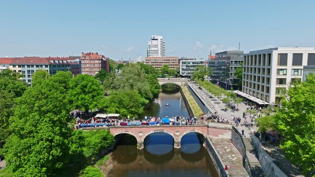 Drone shot of Leine river , Hannover city centre on a sunny day , Germany .