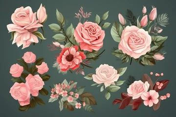 Meubelstickers Set of floral branch. Flower pink rose, green leaves. Wedding concept with flowers. Floral poster, invite. Vector arrangements for greeting card or invitation design, generative AI © Kien