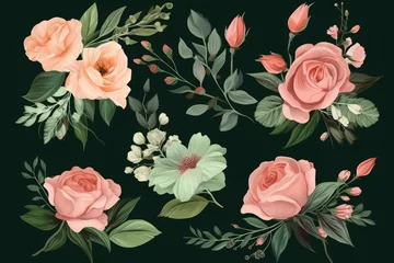 Behang Set of floral branch. Flower pink rose, green leaves. Wedding concept with flowers. Floral poster, invite. Vector arrangements for greeting card or invitation design, generative AI © Kien