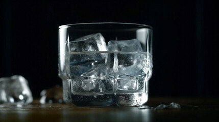 Physics. Ice cube floating in a glass of water. Archimedes principle