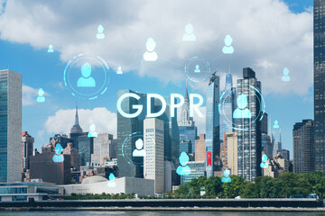 New York City skyline, United Nation headquarters over the East River, Manhattan, Midtown at day time, NYC, USA. GDPR hologram, concept of data protection, regulation and privacy for all individuals