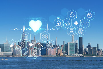 New York City skyline, United Nation headquarters over the East River, Manhattan, Midtown at day time, NYC, USA. Health care digital medicine hologram. The concept of treatment and disease prevention
