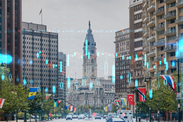 Summer day time cityscape of Philadelphia financial downtown, Pennsylvania, USA. City Hall. Glowing forex candlesticks and bar graph hologram. The concept of internet trading, brokerage and analysis