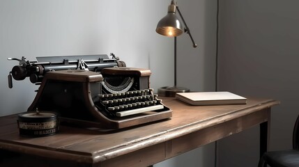 Fototapeta na wymiar Vintage typewriter on wooden table with White Wall background 