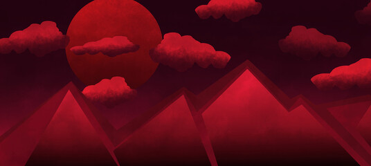 red dusk background 2d illustration with mountains and clouds retro
