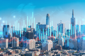 Skyscrapers Cityscape Downtown View, San Frencisco Skyline Buildings. Beautiful Real Estate. Day time. Forex Financial graph and chart hologram. Business education concept.