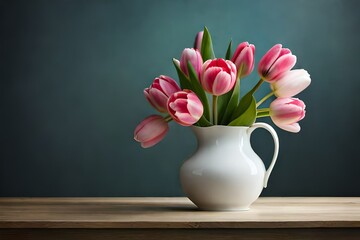 Pink tulips in a vase on a wooden table. Pastel background. Copy space on pastel background.