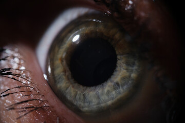 Human grey green eye looks to side in dark. Vision in dark with myopia and hyperopia concept