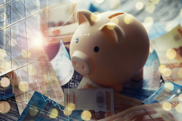 A piggy bank in the form of a pink pig stands on the wooden table with russians money, inscription...