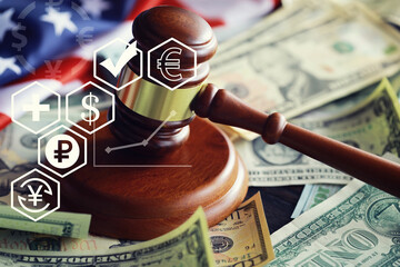 Judge gavel On Dollar Cash. Corruption, Bankruptcy Court, Crime, Bribing, Fraud, Auction Bidding...