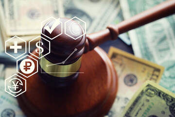 Judge gavel On Dollar Cash. Corruption, Bankruptcy Court, Crime, Bribing, Fraud, Auction Bidding...