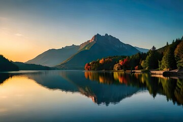 Fototapeta na wymiar Sunset in the forest and lake in the mountain in autumn, Hungary lake, blue sky, mountain, Turul
