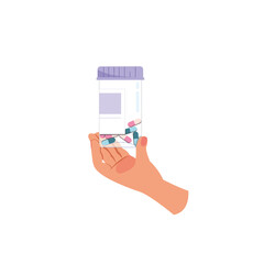 Hand holding medicine pills bottle, Health care and medical cure, illness treatment symbol.