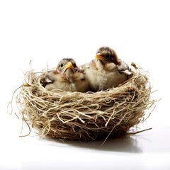 baby bird in nest, isolated on white background, generative AI