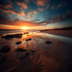 Realistic beach, sunset over ocean, Oil paint, AI Generated, Generative AI