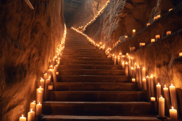 Old staircase decorated with many candles, Generative AI