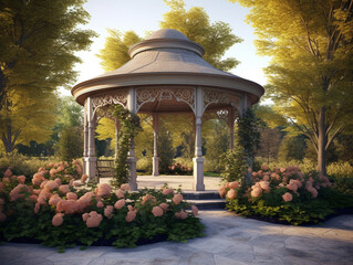 Beautiful round shape gazebo in the park designed by the landscape architect. Western-style architecture made from wood. - obrazy, fototapety, plakaty
